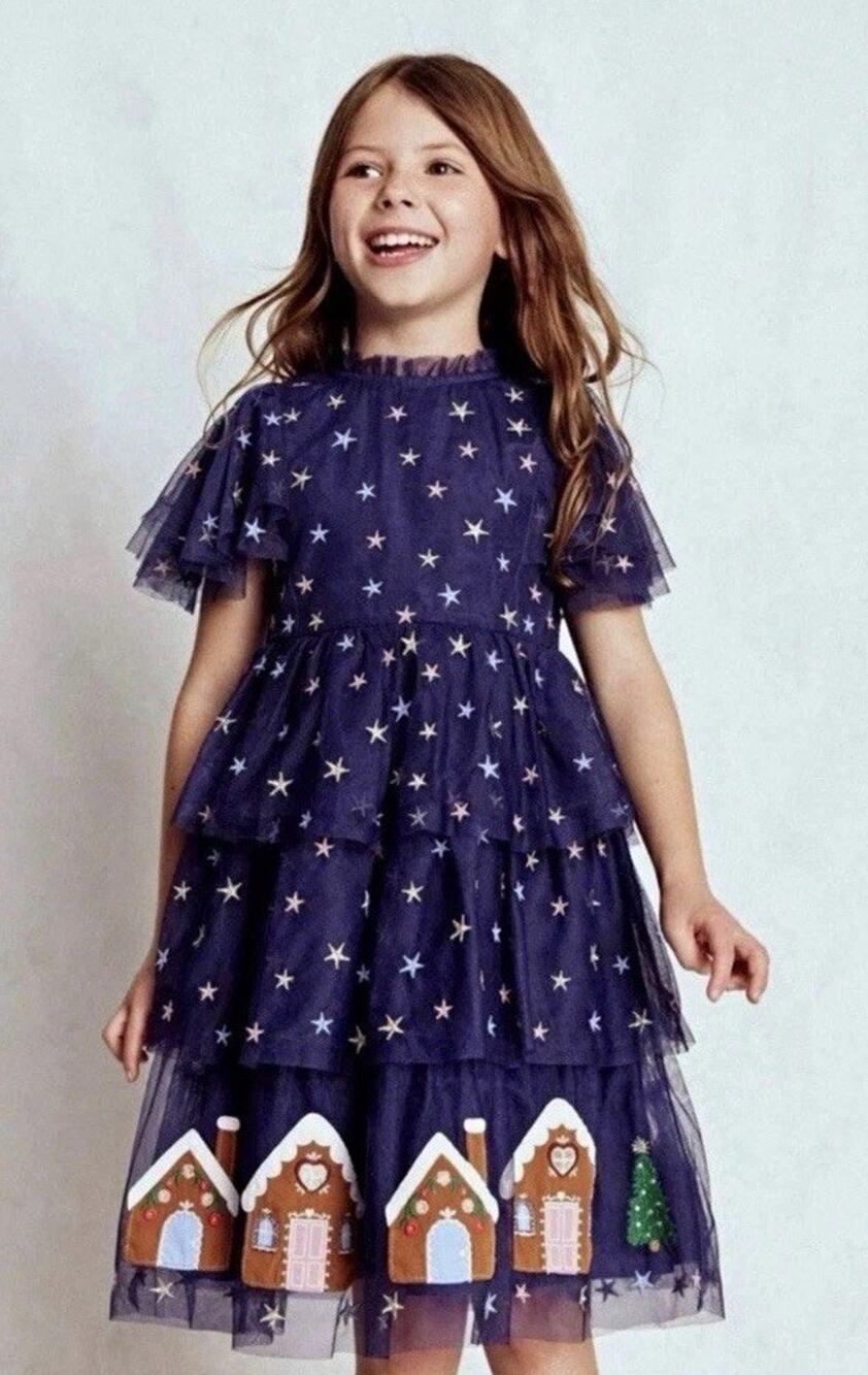 Mini Boden Tulle Tiered Gingerbread Dress Medieval Blue Holiday Size 2/3 NEW